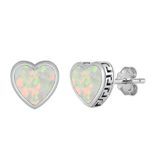 Sterling Silver Promise Heart Cute Love Greek Key Earrings White Synthetic Opal