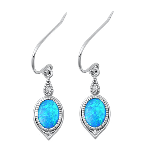 Sterling Silver Bali Style Drop Dangle Oval Elegant Earrings Blue Synthetic Opal