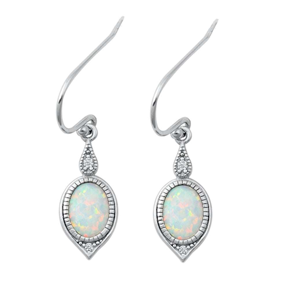 Sterling Silver Bali Style Drop Dangle Oval Earrings White Synthetic Opal 925