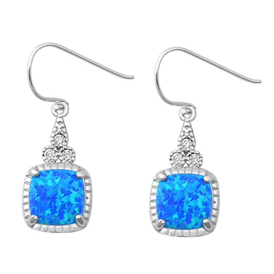 Sterling Silver Square Drop Dangle Elegant Studded Earrings Blue Synthetic Opal