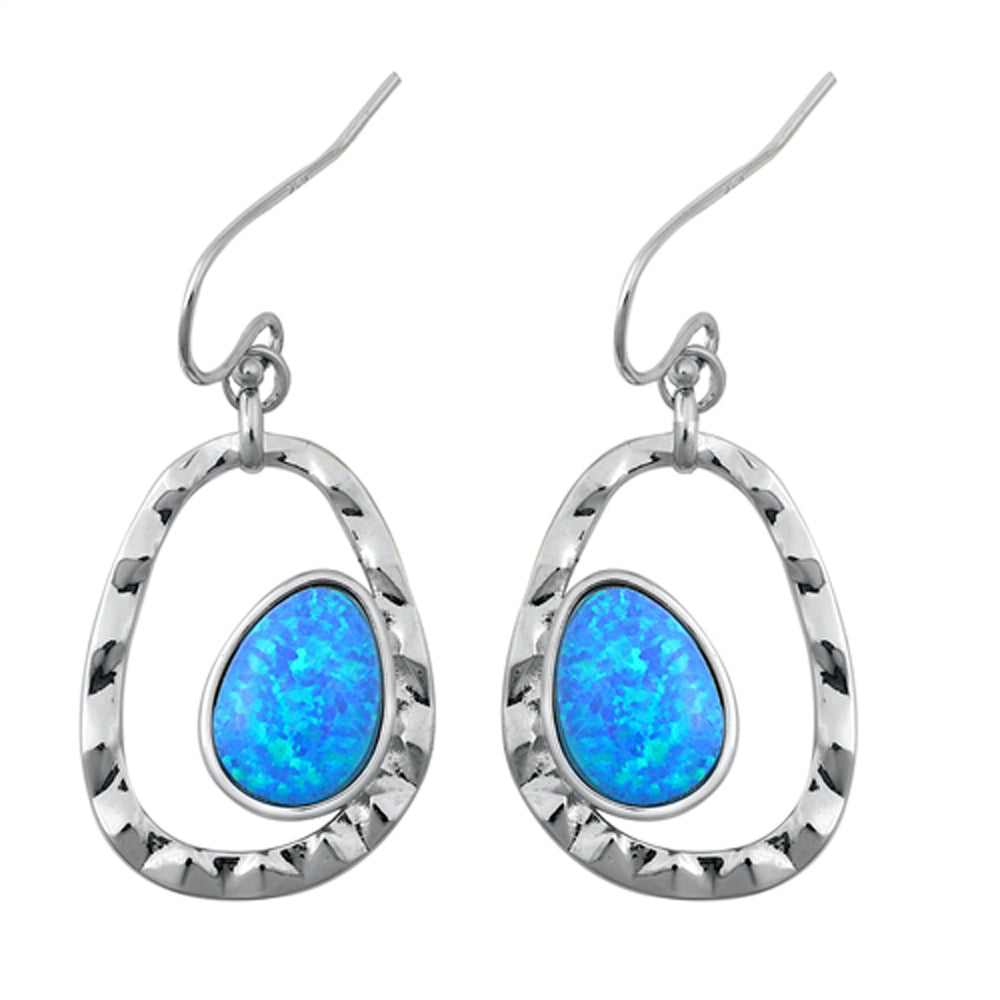 Sterling Silver Modern Hoop Oval Wavy Unique Open Earrings Blue Synthetic Opal