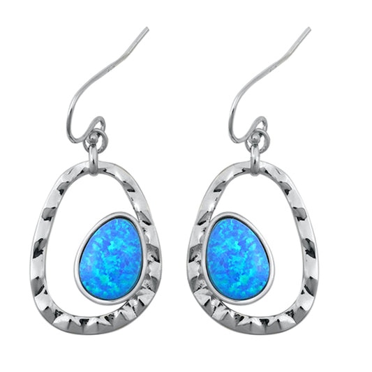 Sterling Silver Modern Hoop Oval Wavy Unique Open Earrings Blue Synthetic Opal