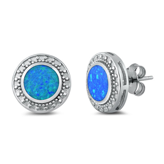 Sterling Silver Bali Style Circle Elegant Boho Earrings Blue Synthetic Opal 925