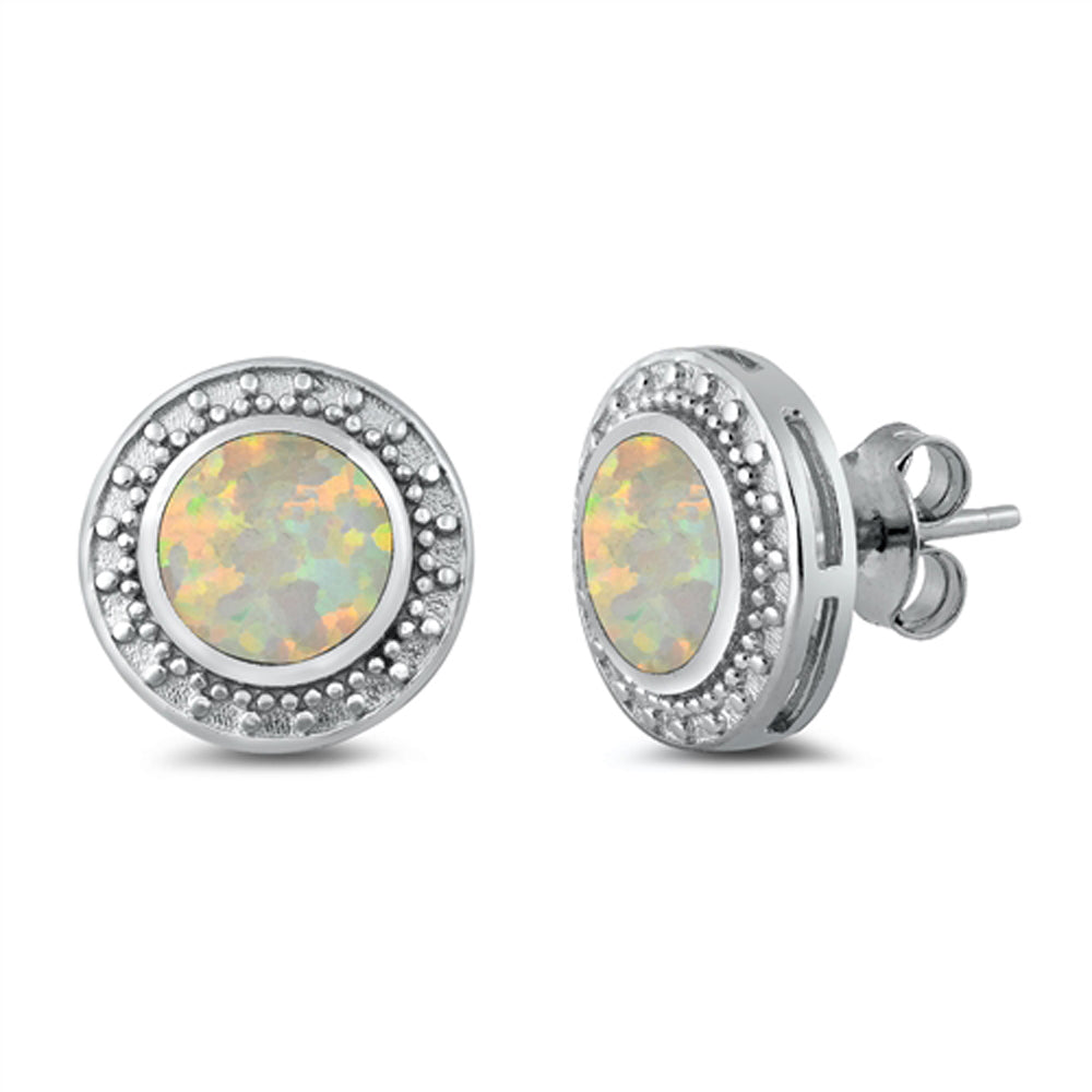 Sterling Silver Boho Circle Unique Round Earrings White Synthetic Opal 925 New
