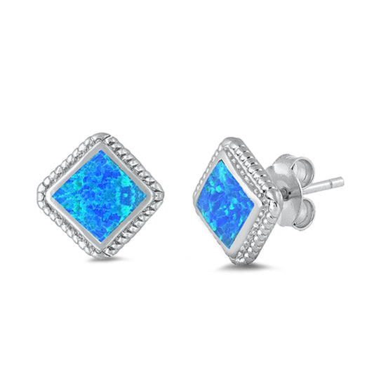 Sterling Silver Square Geometric Rope Halo Classic Earrings Blue Synthetic Opal