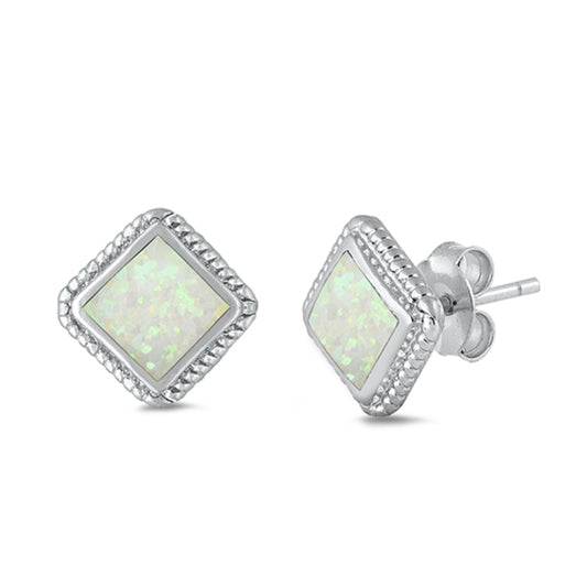 Sterling Silver Square Rope Halo Classic Fashion Earrings White Synthetic Opal
