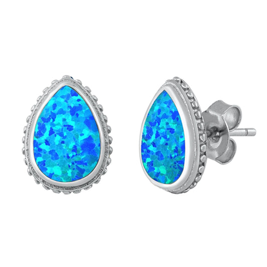 Sterling Silver Teardrop Bali Bead Halo Eternity Earrings Blue Synthetic Opal