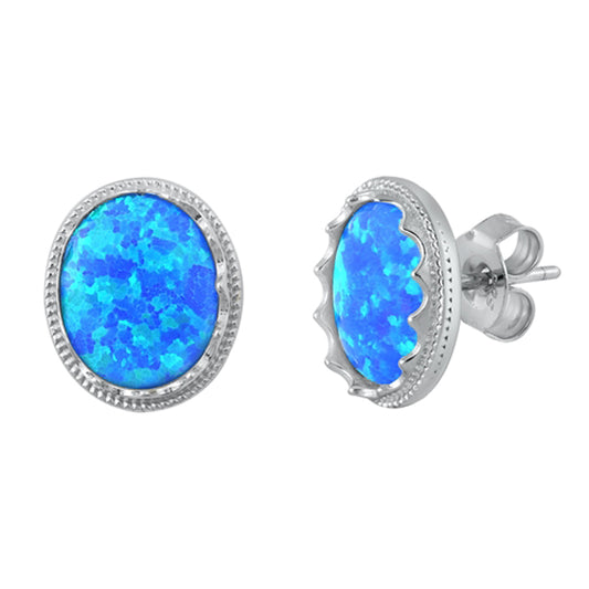 Sterling Silver Elegant Oval Wavy Halo Unique Earrings Blue Synthetic Opal 925