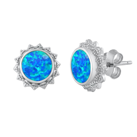 Sterling Silver Vintage Style Burst Sun Elegant Earrings Blue Synthetic Opal 925
