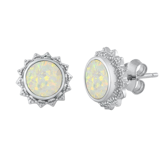 Sterling Silver Bali Style Sun Mosaic Burst Earrings White Synthetic Opal 925