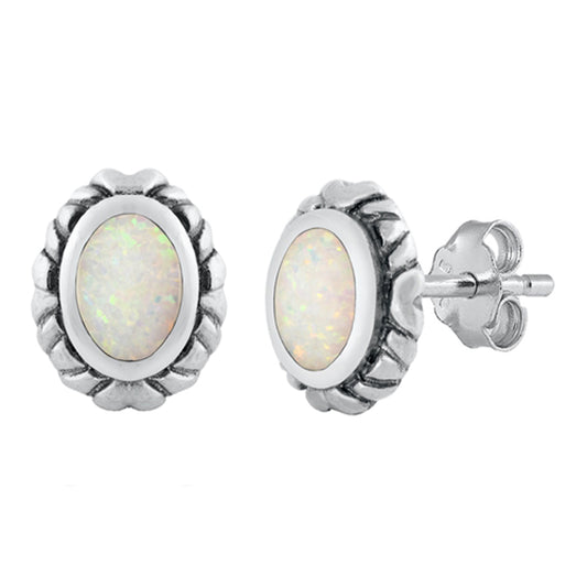 Sterling Silver Style Oval Swirl Frame Classic Earrings White Synthetic Opal 925