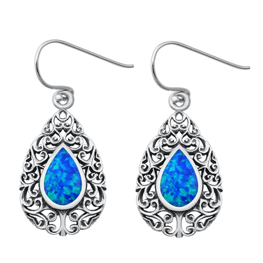 Sterling Silver Filigree Swirl Teardrop Elegant Earrings Blue Synthetic Opal 925