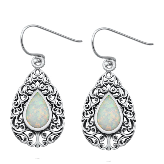 Sterling Silver Filigree Swirl Teardrop Ornate Earrings White Synthetic Opal 925