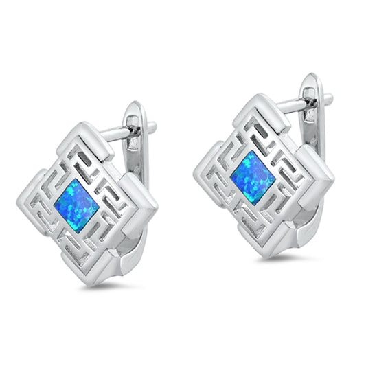 Sterling Silver Greek Key Square Open Earrings Blue Synthetic Opal 925 New