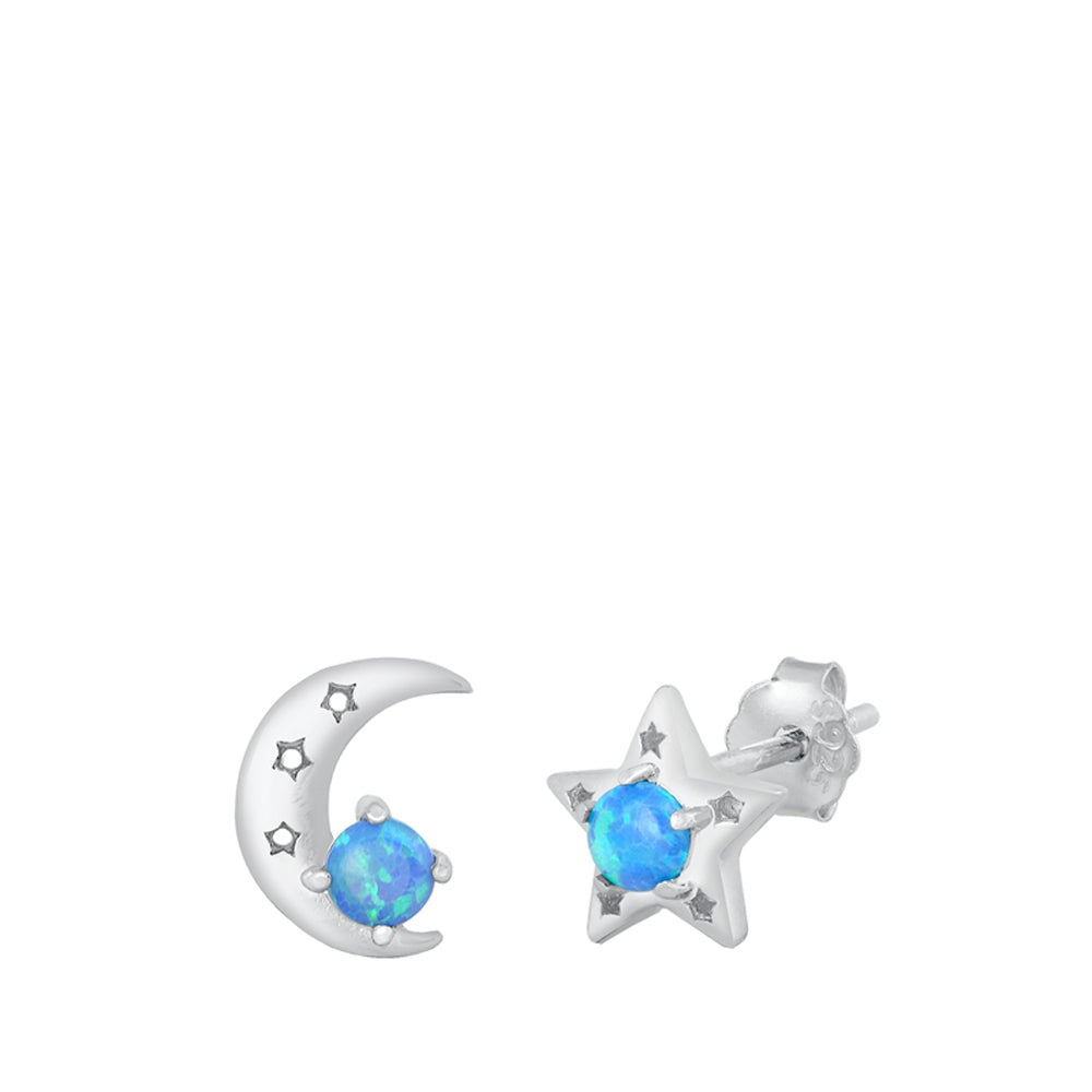 Sterling Silver Star Moon Cute Night Sky Earrings Blue Synthetic Opal 925 New