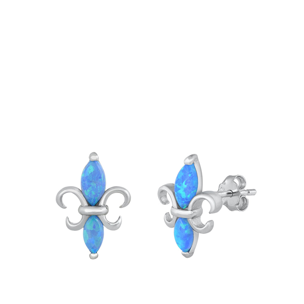 Sterling Silver Fleur De Lis Flower Traditional Earrings Blue Synthetic Opal 925