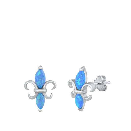 Sterling Silver Fleur De Lis Flower Traditional Earrings Blue Synthetic Opal 925