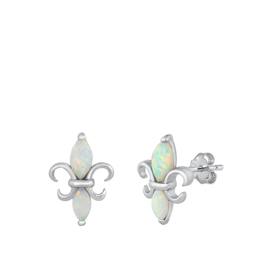 Sterling Silver Fleur De Lis Filigree Swirl Earrings White Synthetic Opal 925