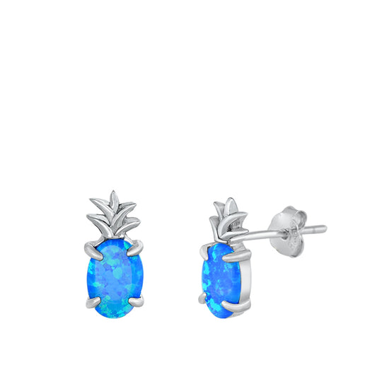 Sterling Silver Pineapple Tropical Fruit Food Earrings Blue Synthetic Opal 925