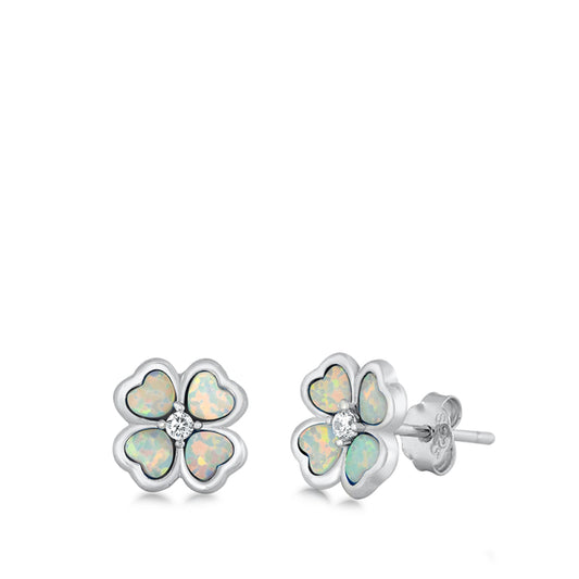 Sterling Silver Clover Heart Flower Mosaic Cute Earrings White Synthetic Opal