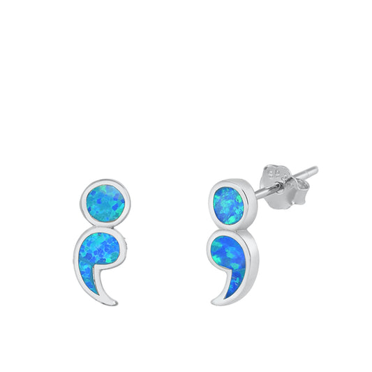 Sterling Silver Semicolon Keep Going Mental Health Earrings Blue Synthetic Opal