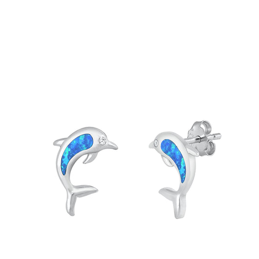 Sterling Silver Cute Dolphin Animal Ocean Beach Earrings Blue Synthetic Opal 925