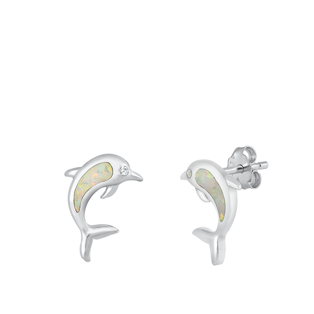Sterling Silver Cute Dolphin Animal Ocean Swim Earrings White Synthetic Opal 925