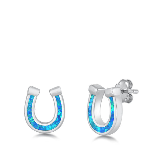 Sterling Silver Horseshoe Good Luck Simple Earrings Blue Synthetic Opal 925 New