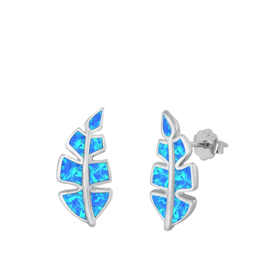 Sterling Silver Leaf Feather Plant Nature Earrings Blue Synthetic Opal 925 New