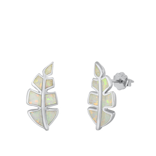 Sterling Silver Modern Leaf Nature Plant Feather Earrings White Synthetic Opal