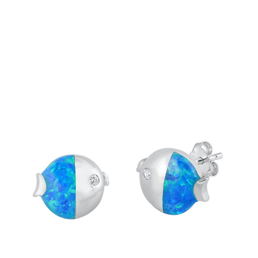 Sterling Silver Cute Fish Animal Ocean Swim Earrings Blue Synthetic Opal 925