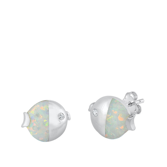 Sterling Silver Cute Fish Animal Ocean Swim Earrings White Synthetic Opal 925