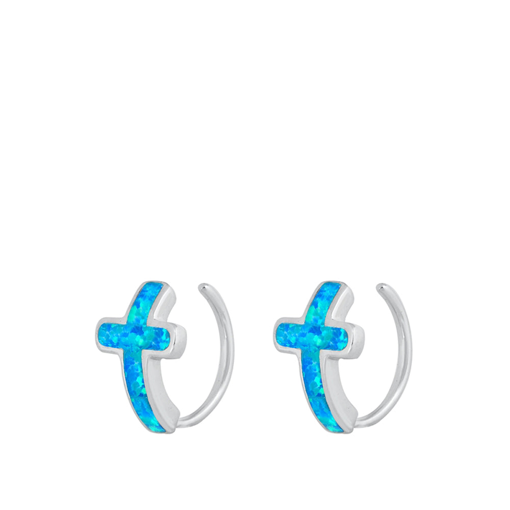 Sterling Silver Unique Cross Modern Mosaic Hoop Earrings Blue Synthetic Opal 925