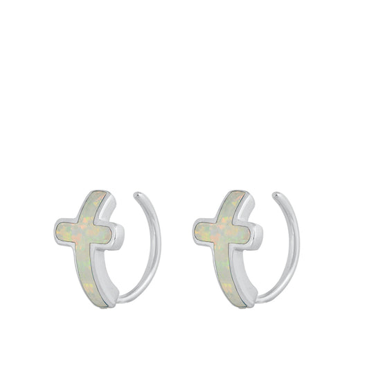 Sterling Silver Cross Hoop Modern High Polish Earrings White Synthetic Opal 925