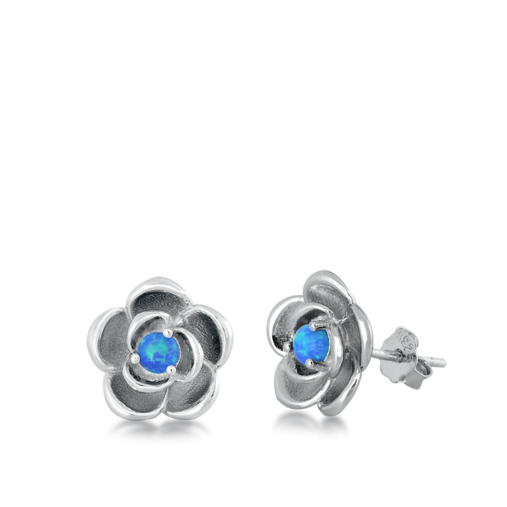 Sterling Silver Cute Rose Flower Open Bloom Earrings Blue Synthetic Opal 925 New