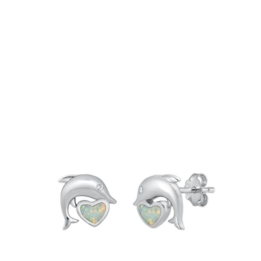 White Opal Heart Sterling Silver Dolphin Studs Heart Love Earrings 925 New