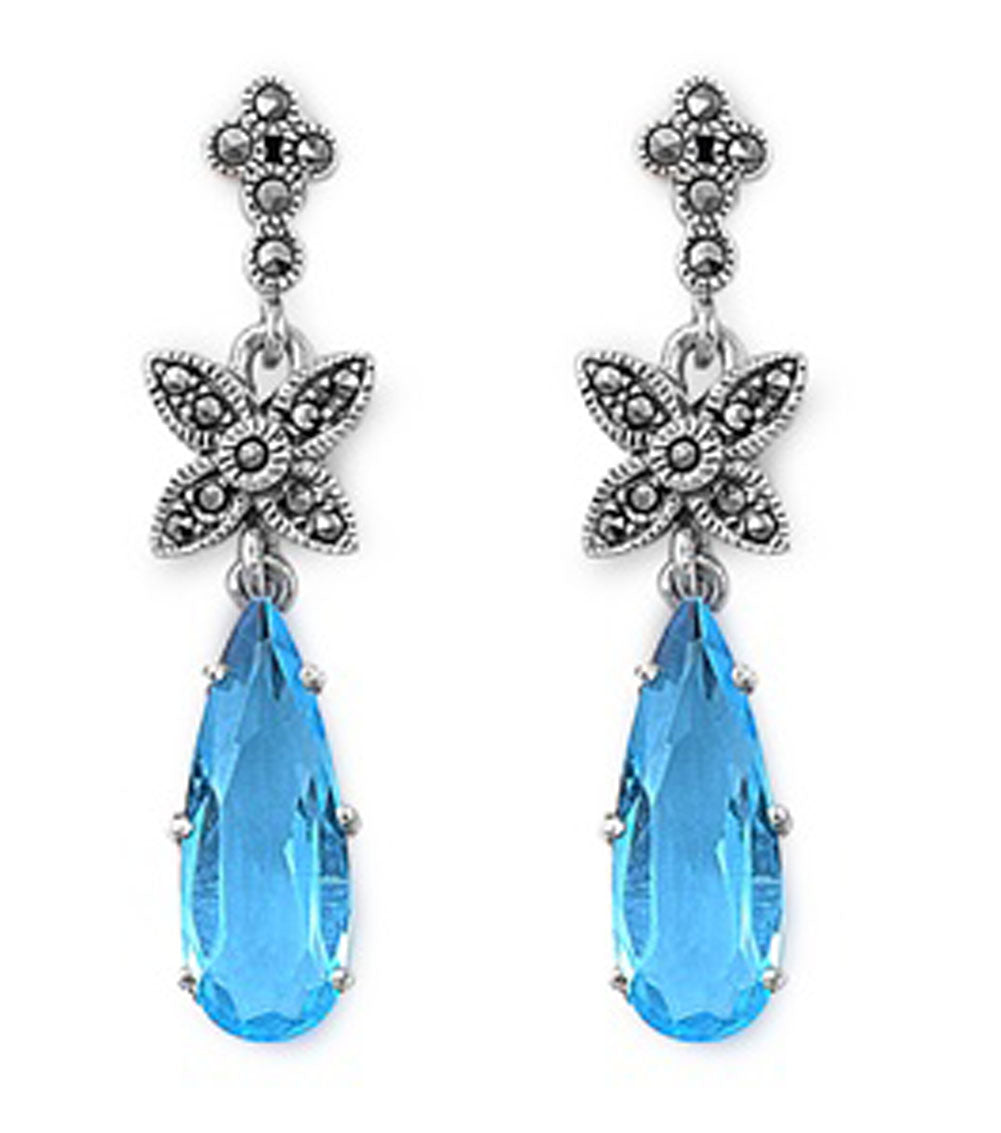 Teardrop Flower Hanging Earrings Blue Simulated Topaz Simulated Marcasite .925 Sterling Silver