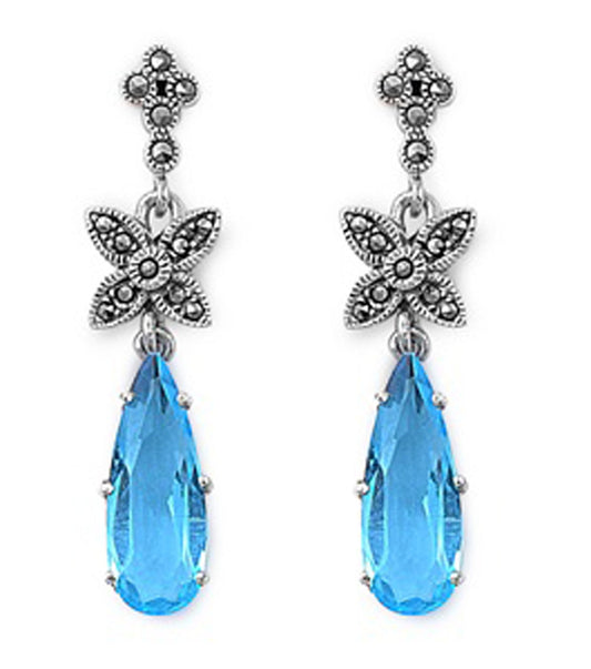 Teardrop Flower Hanging Earrings Blue Simulated Topaz Simulated Marcasite .925 Sterling Silver