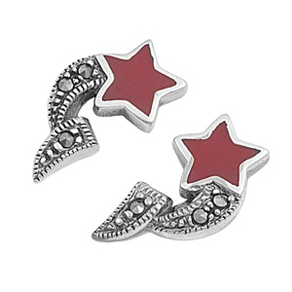 Star Earrings Simulated Carnelian Simulated Marcasite .925 Sterling Silver