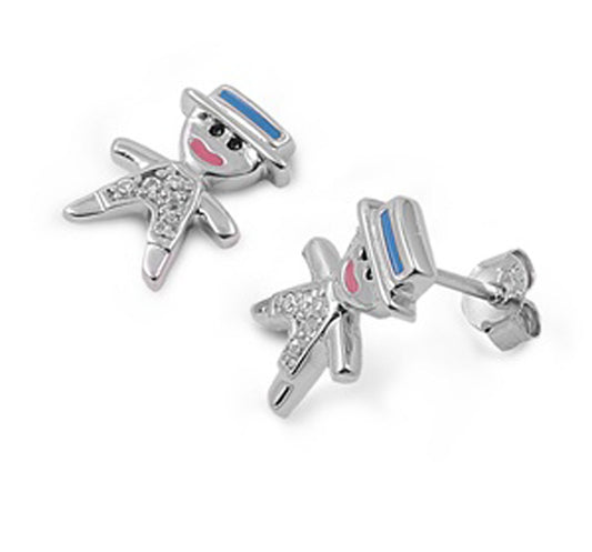 Sterling Silver Person Hat Smile Earrings 925 New