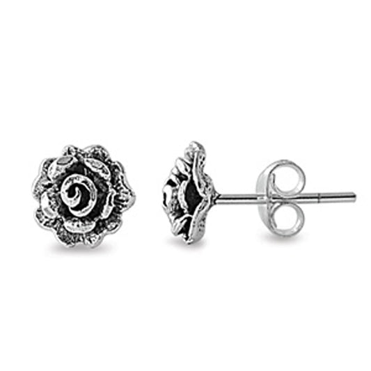 Flower Blossom Detailed Blooming Rose Nature .925 Sterling Silver Garden Stud Earrings