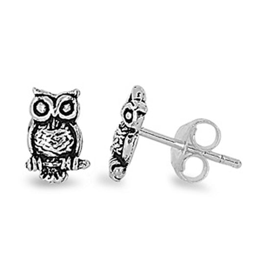 Bird Detailed Oxidized Owl Intricate .925 Sterling Silver Feather Animal Stud Earrings