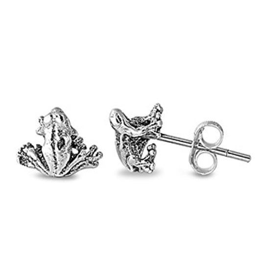 Animal Sitting Toad Detailed Frog .925 Sterling Silver Cute Tiny Stud Earrings
