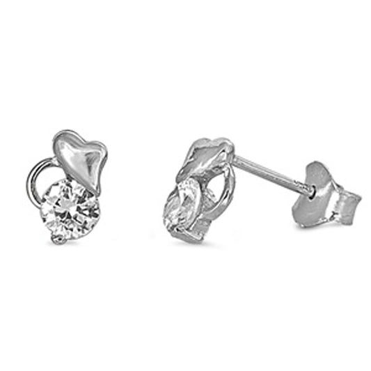 Heart Stud Earrings Clear Simulated CZ .925 Sterling Silver