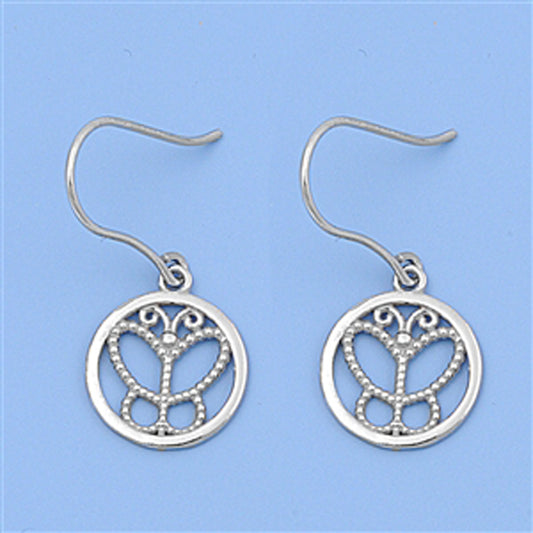 Filigree Swirl Circle Butterfly Cute .925 Sterling Silver Insect Animal Earrings
