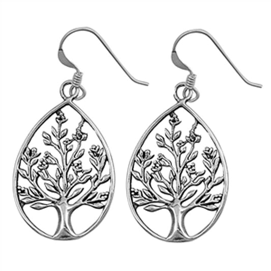 Teardrop Detailed Tree of Life Branch .925 Sterling Silver Leaf Nature Earrings