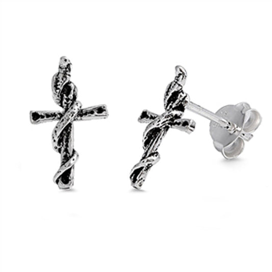 Ornate Woodgrain Vine Cross Religious .925 Sterling Silver Crucifix Detailed Stud Earrings