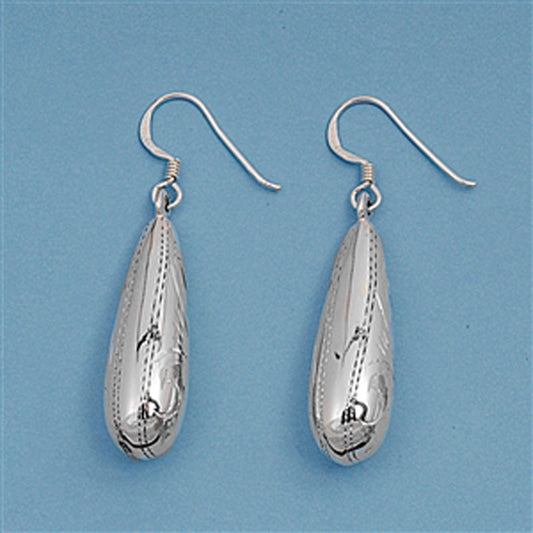 Dash Oblong Etched Teardrop Simple .925 Sterling Silver Classic Vintage Earrings