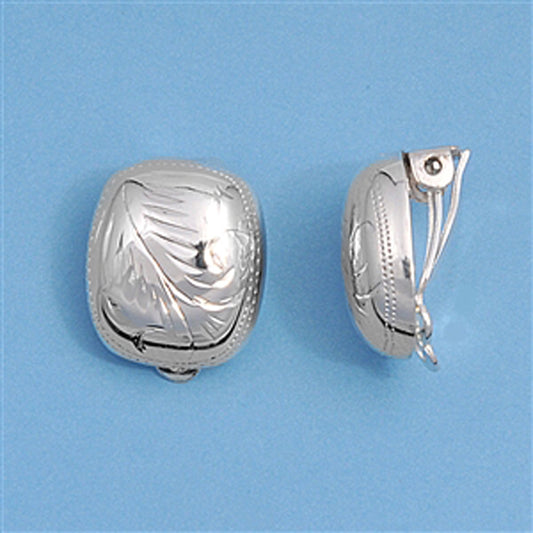 Rounded Square Vintage Etched Clip On Unique .925 Sterling Silver Detailed Earrings
