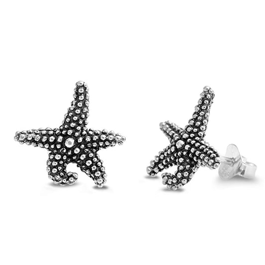 Realistic Animal Textured Starfish Five Point .925 Sterling Silver Seashell Stud Earrings